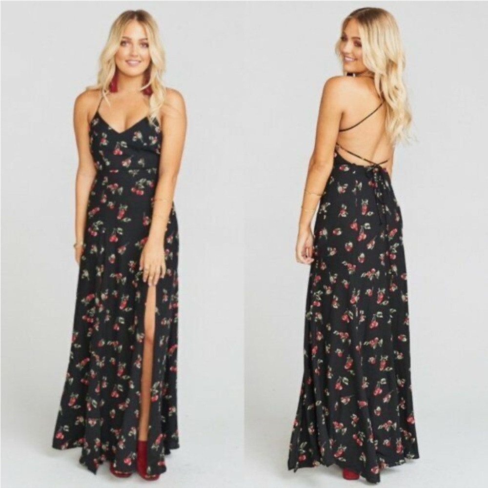 SHOW ME YOUR MUMU NICOLE MAXI DRESS CHEEKY CHERRY CREPE FLOWY DOUBLE SLIT SZ XS